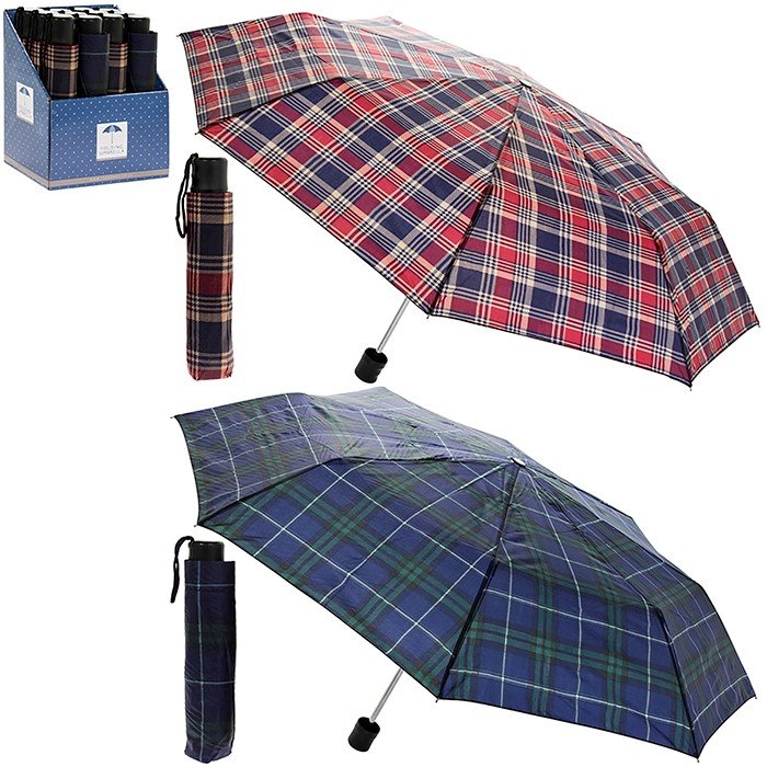 Check Folding Umbrella - two different colours, blue and red on a white background