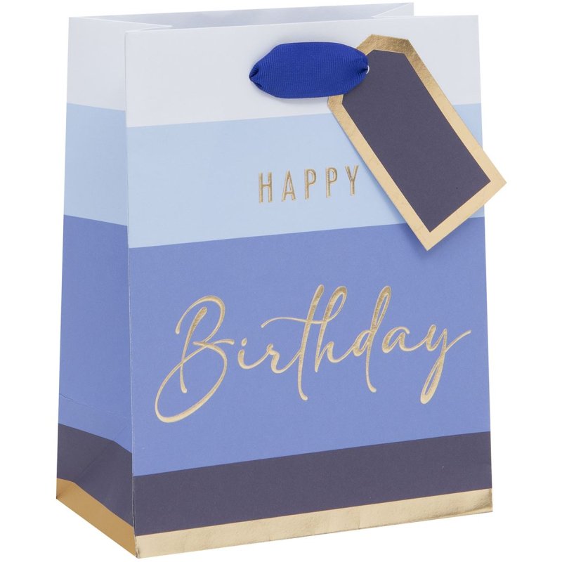 Glick Medium Blue Happy Birthday Stripe Gift Bag on a white background