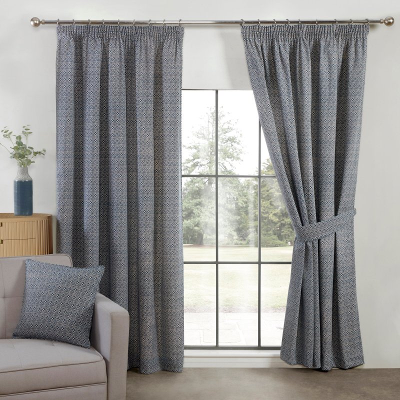 Sundour Aztec Navy Ready Made Curtains in living room - lifestyle