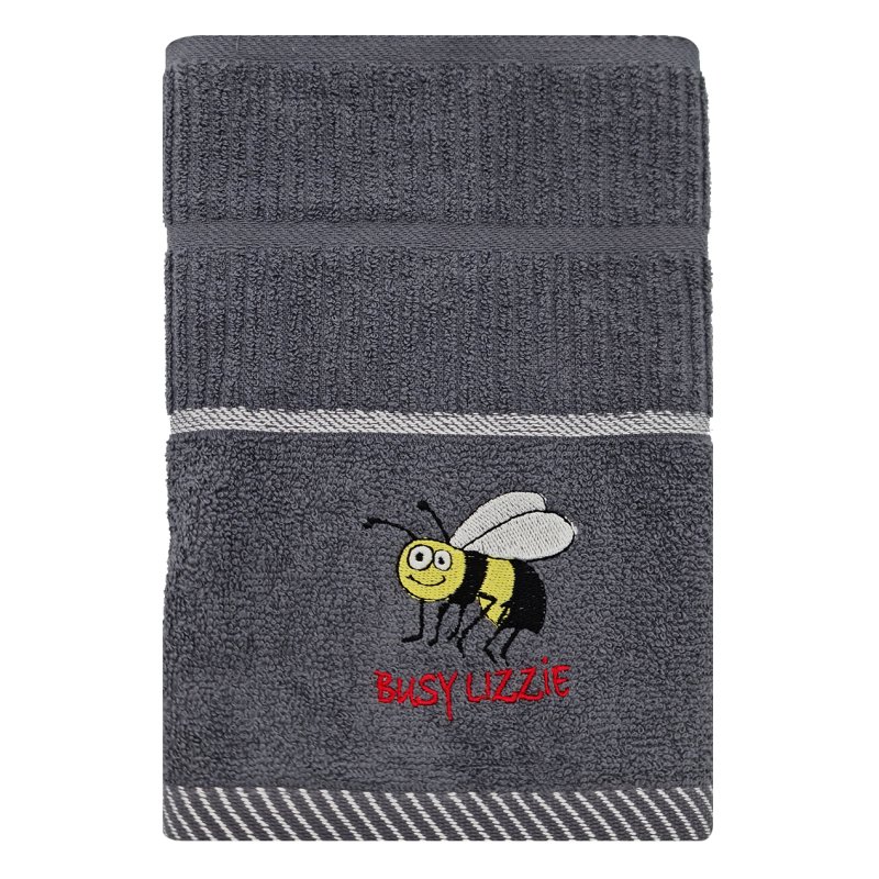 Busy Lizzie Grey Tea Towel on a white background