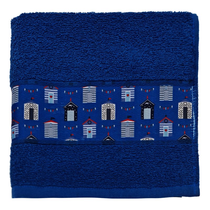 Blue Beach Huts Tea Towel on a white background