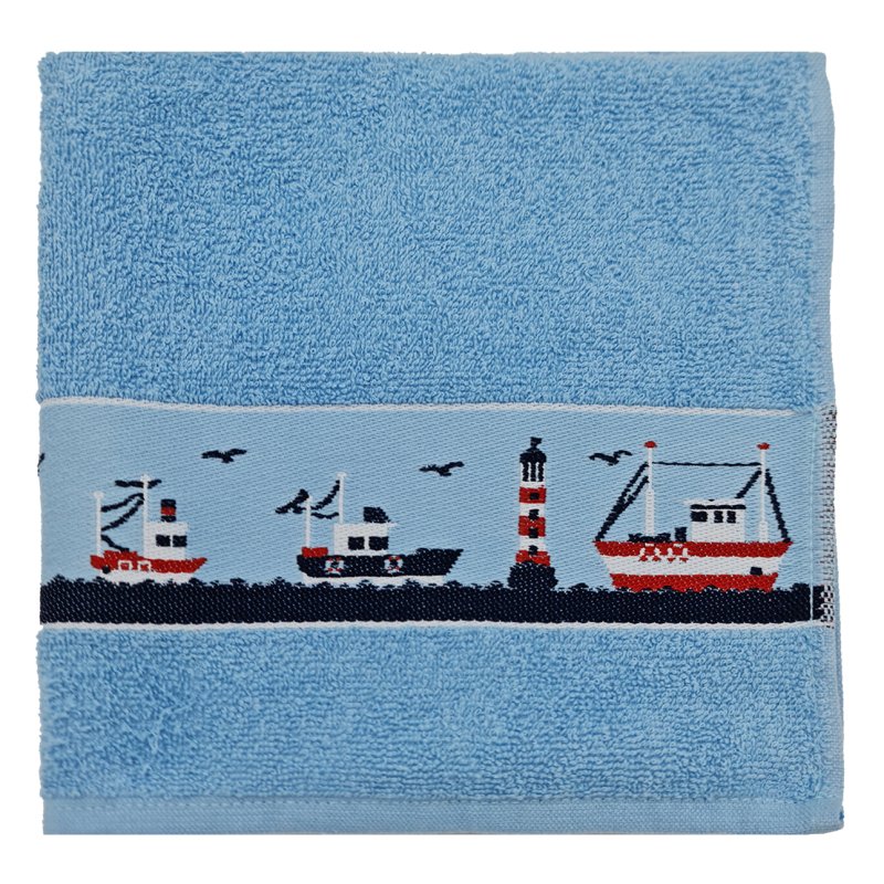 Fishing Boats Blue Tea Towel image on a white background