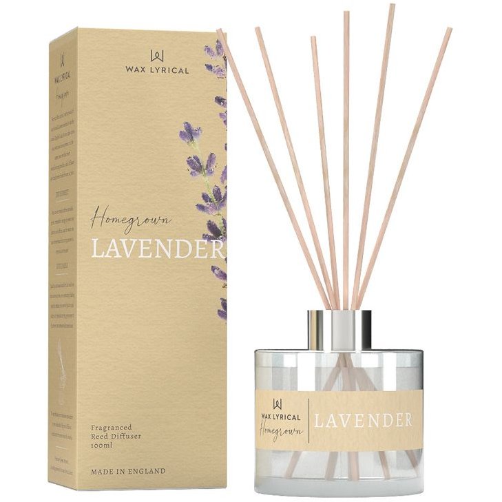 Wax Lyrical Lavender 100ml Reed Diffuser box and product on a white background