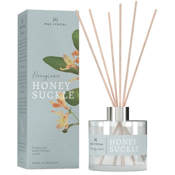 Wax Lyrical Honeysuckle 100ml Reed Diffuser box and product on a white background