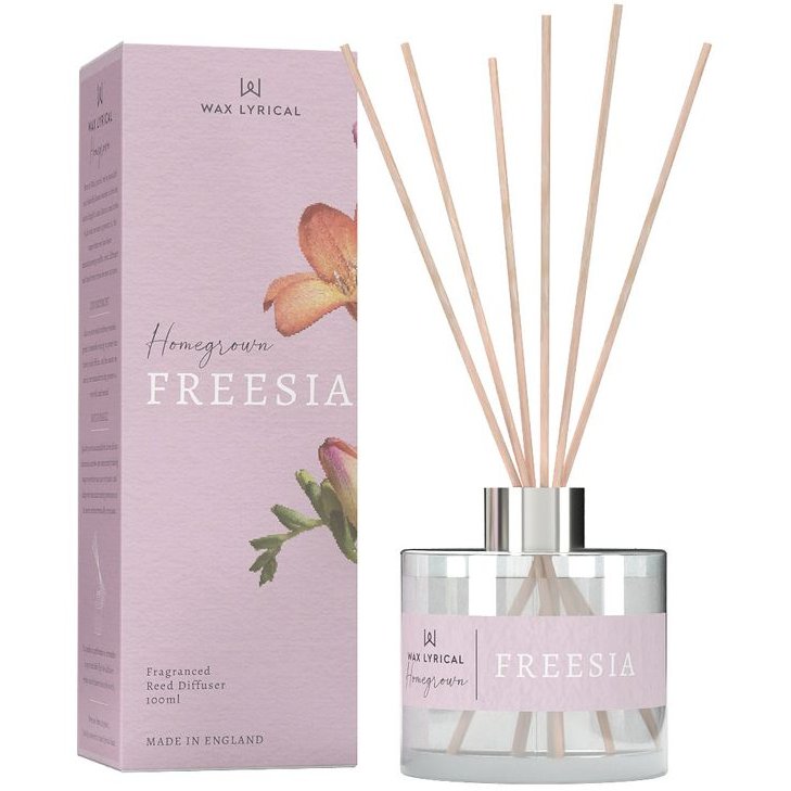 Wax Lyrical Freesia 100ml Reed Diffuser box and product on a white background