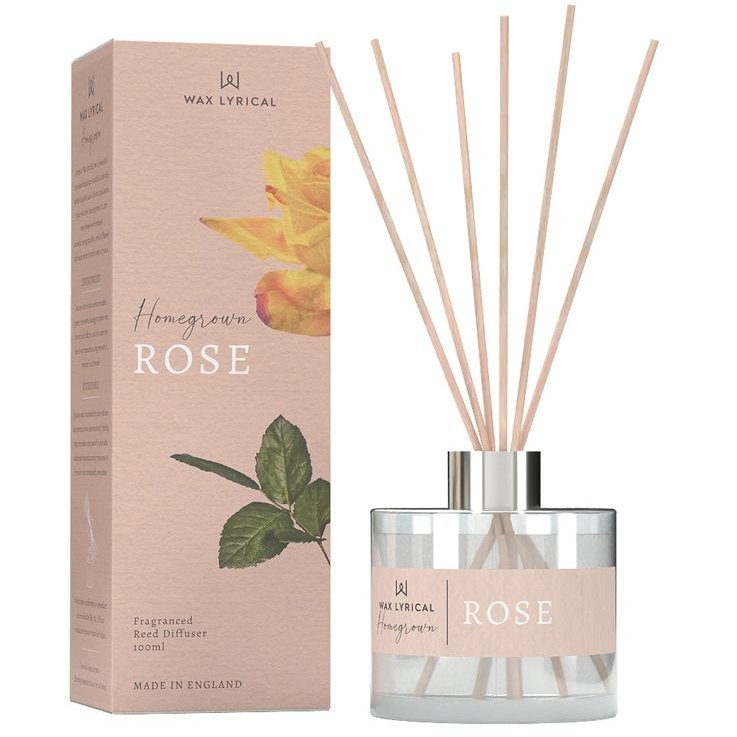 Wax Lyrical Rose 100ml Reed Diffuser box and product on a white background