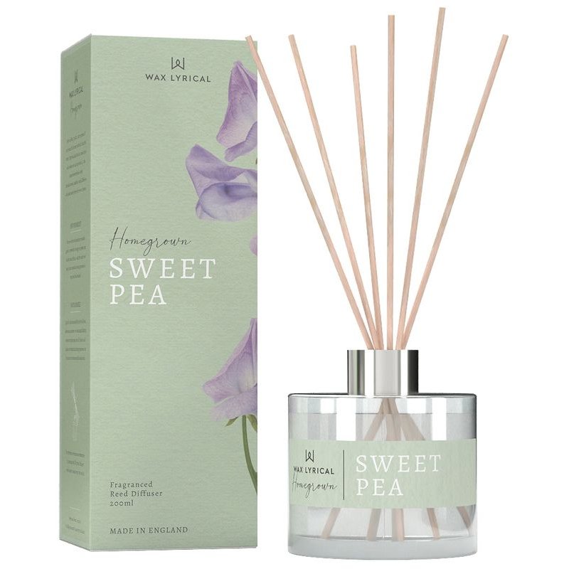 Wax Lyrical Sweet Pea 200ml Reed Diffuser box and product on a white background