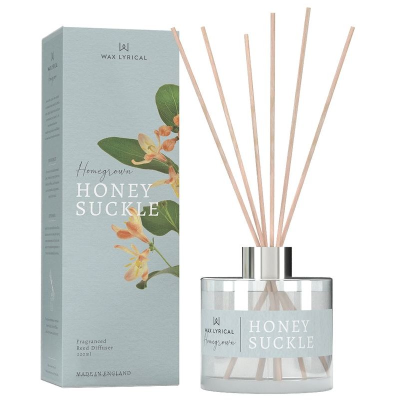 Wax Lyrical Honeysuckle 180ml Reed Diffuser box and product on a white background