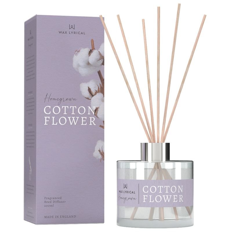 Wax Lyrical Cotton Flower 180ml Reed Diffuser box and product on a white background