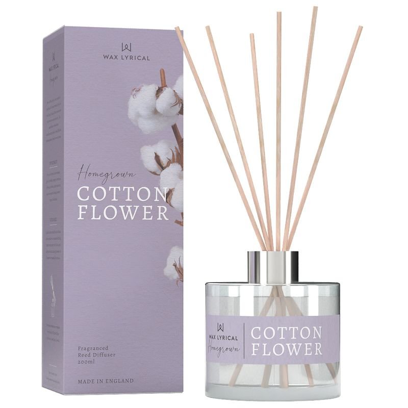 Wax Lyrical Cotton Flower 180ml Reed Diffuser box and product on a white background