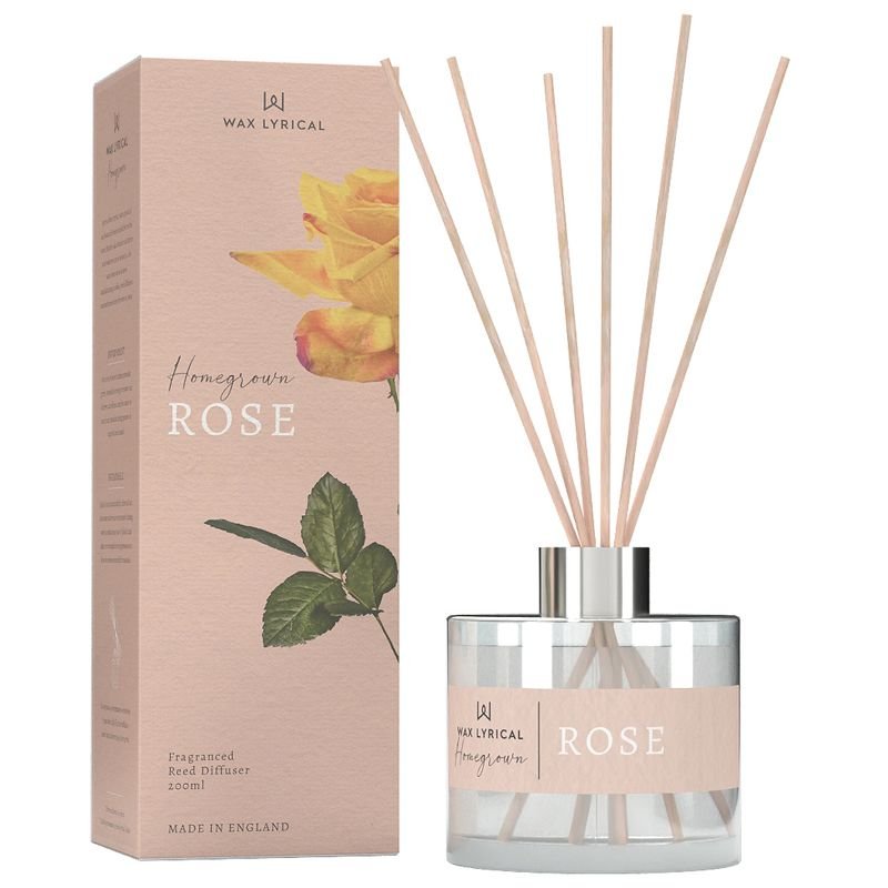 Wax Lyrical Rose 180ml Reed Diffuser box and product on a white background