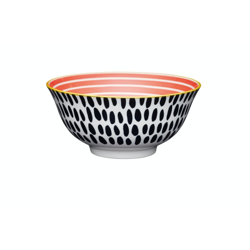KitchenCraft Red Swirl and Black Spots Ceramic Bowl side view on a white background