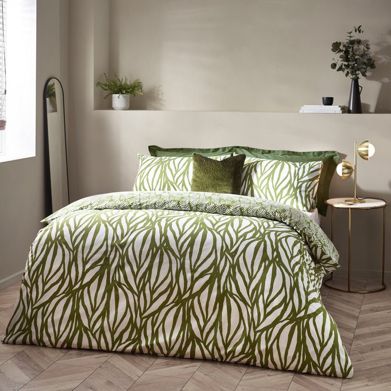 Hoem Frond Olive Abstract Cotton Rich Reversible Duvet Cover Set lifestyle