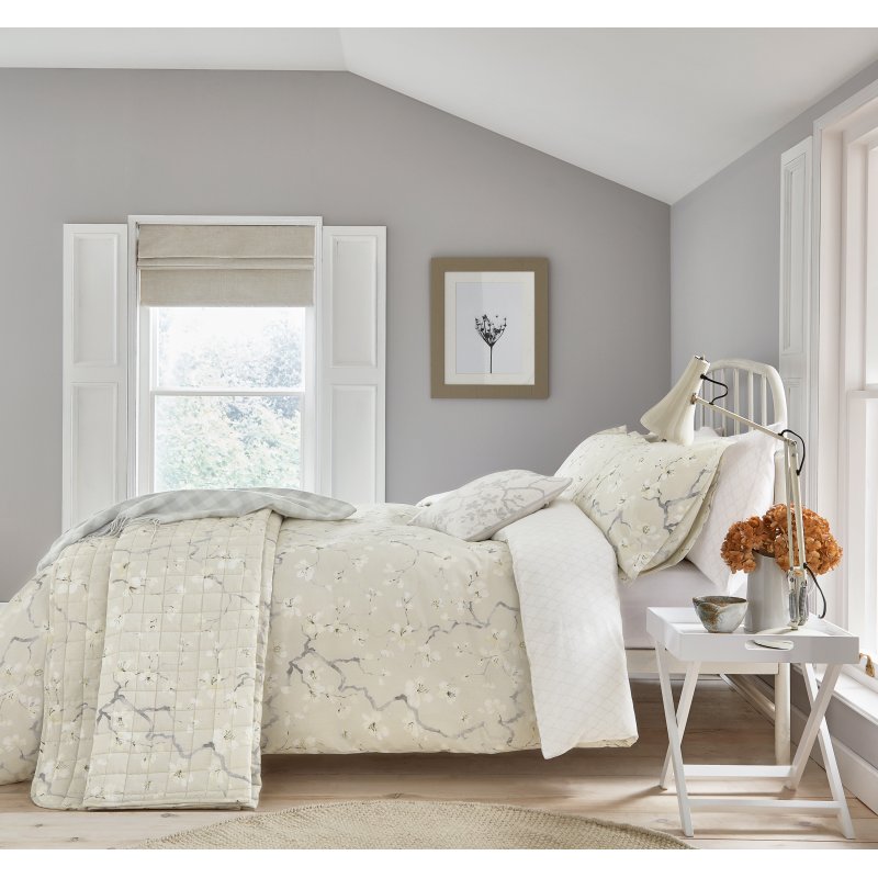 Sanderson Options Anthea Grey Duvet Cover Set on a bed in a bedroom