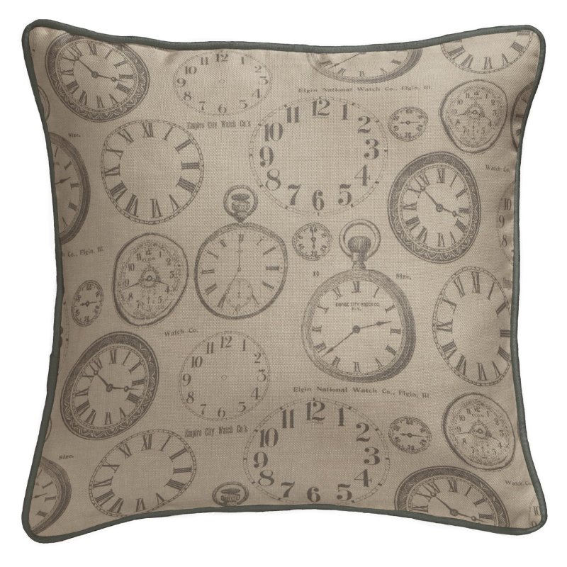 Tru Living Vintage Clocks Charcoal Cushion Cover on a white background front view