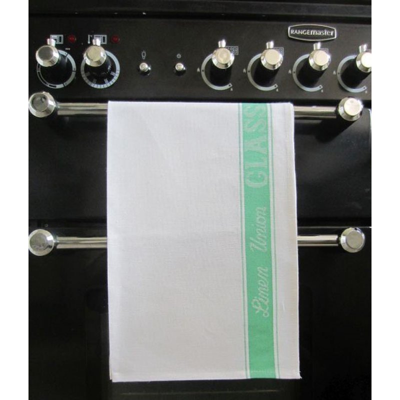 Linen Union Green Glass Cloth hanging on an oven handle