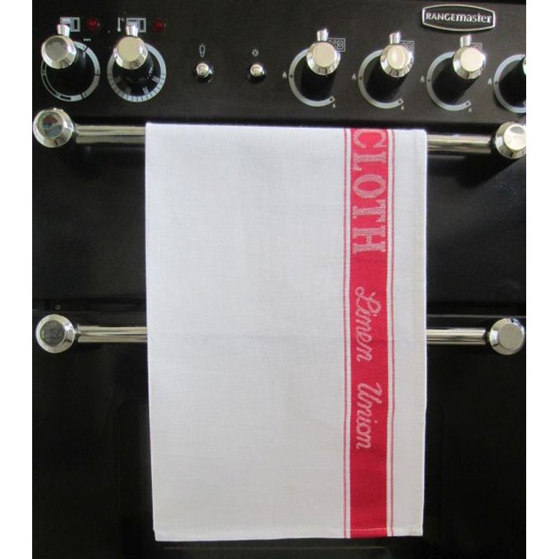 Linen Union Red Glass Cloth hanging on an oven handle