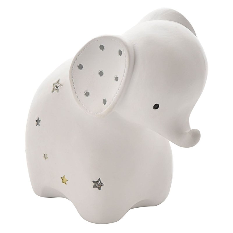 Bambino White Elephant Resin Money Box on a white background