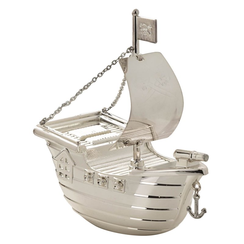 Bambino Silver Plated Pirate Ship Money Box on a white background