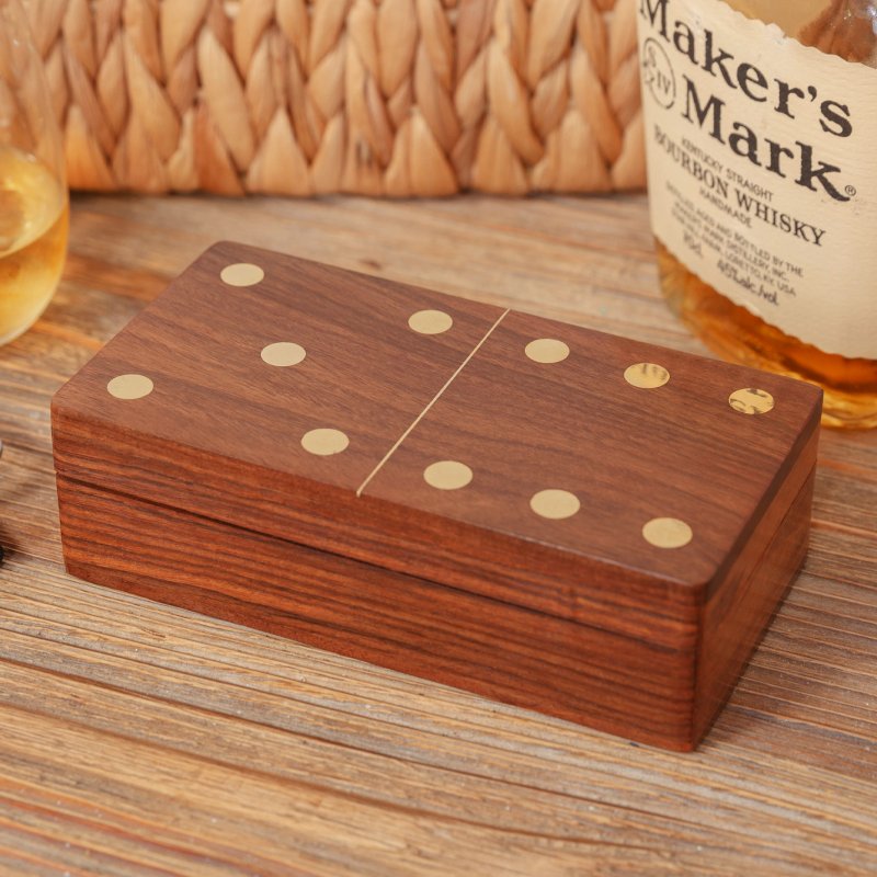 Harvey Makin Dominoes In Wooden Box closed on a wooden table