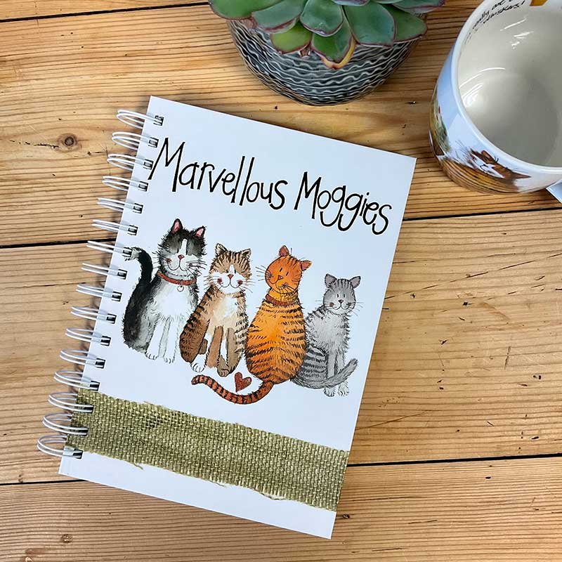 Alex Clark Marvellous Moggies Cat Spiral Journal on a wooden table