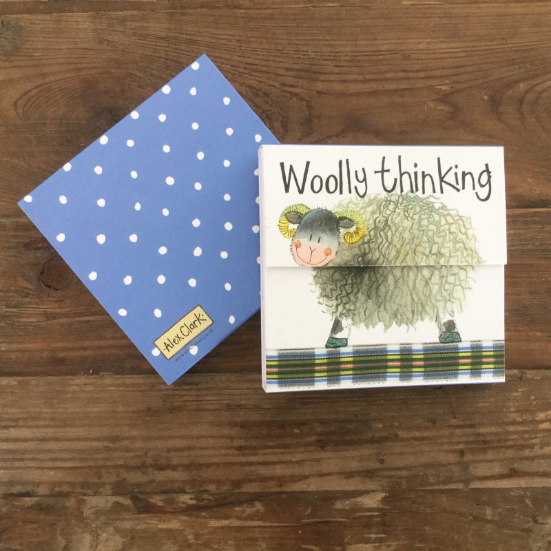 Alex Clark Wooly Thinking Sheep Mini Magnetic Notepad front and back on a wooden table