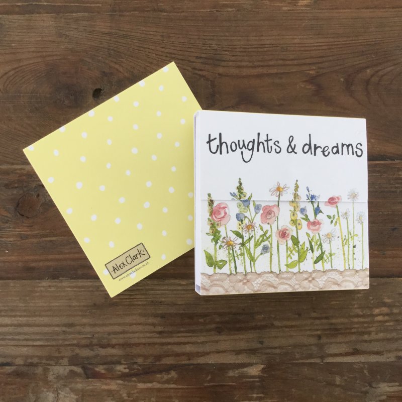 Alex Clark Thoughts and Dreams Flowers Mini Magnetic Notepad front and back on a wooden table