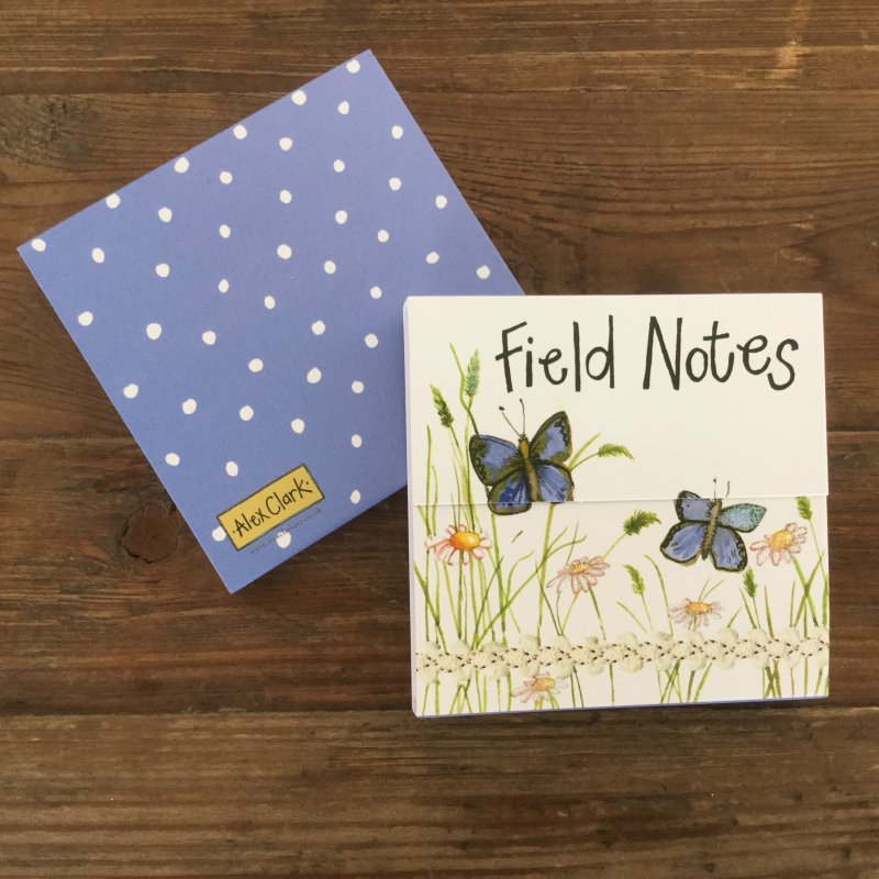 Alex Clark Field Notes Butterflies Mini Magnetic Notepad front and back on a wooden table
