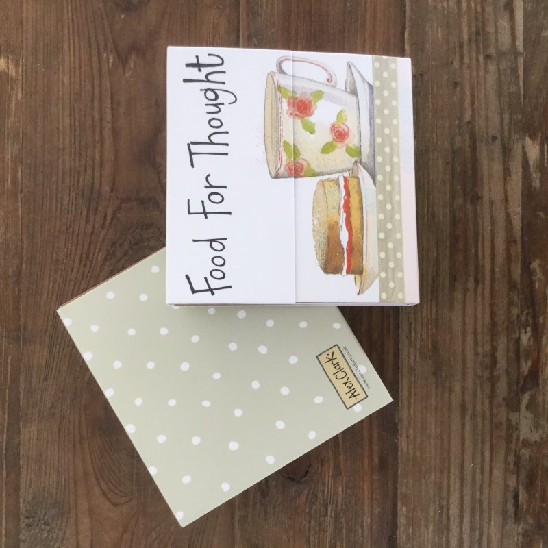 Alex Clark Food For Thought Tea & Cake Mini Magnetic Notepad front and back on a wooden table