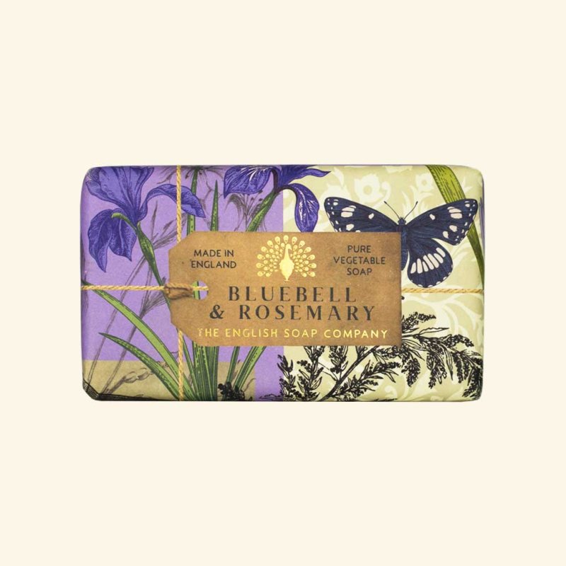 The English Soap Company Anniversary Bluebell and Rosemary Soap packaging on a blank background