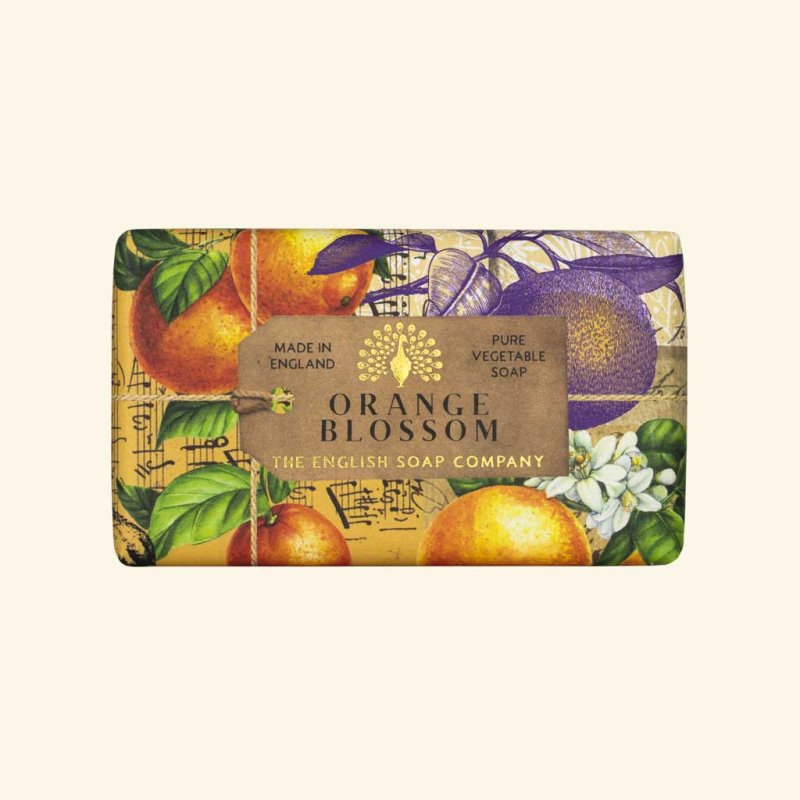 The English Soap Company Anniversary Orange Blossom Soap packaging on a blank background