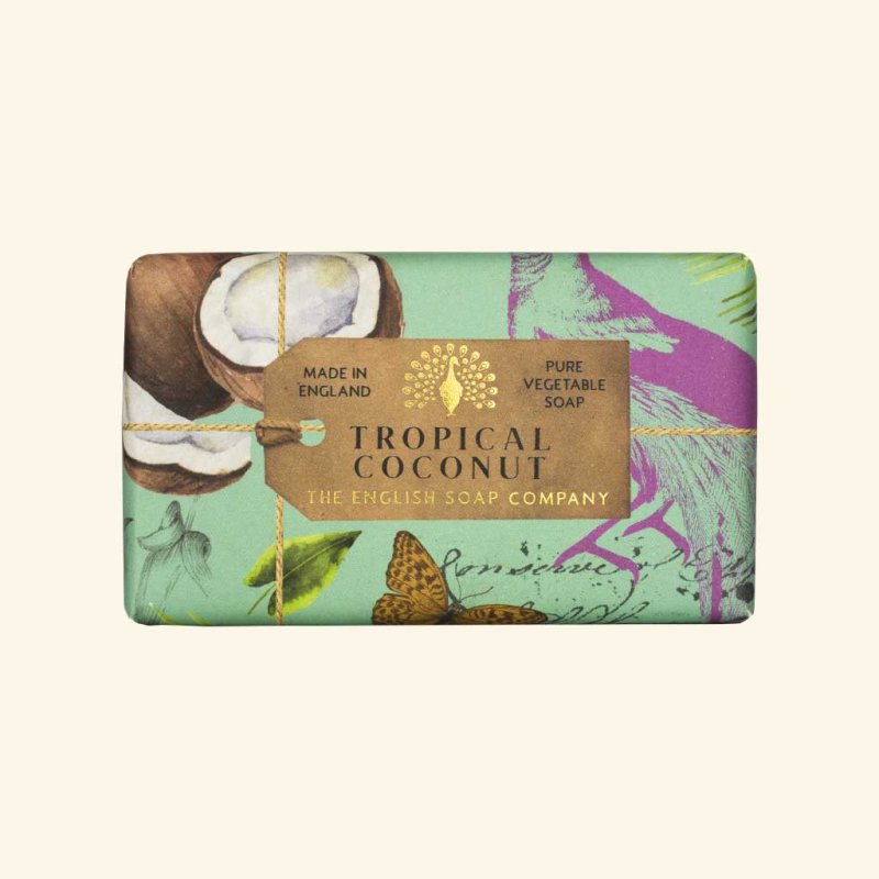 The English Soap Company Anniversary Tropical Coconut Soap packaging on a blank background