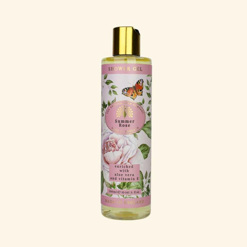 The English Soap Company Summer Rose Shower Gel bottle on a blank background