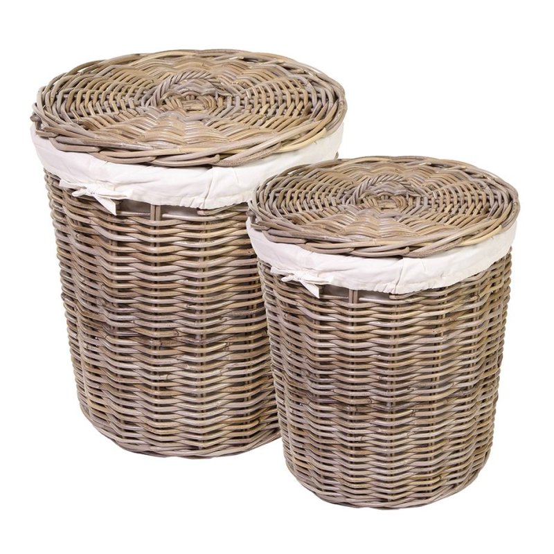 Stow Green Grey Kubu Rattan Linen Basket different sizes on a white background