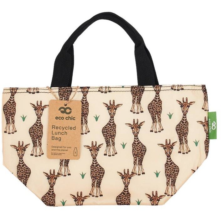 Eco Chic Beige Giraffes Insulated Lunch Bag front view with tag on a white background