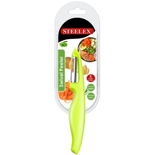 Steelex Essentials Swivel Peeler in its packaging on a white background