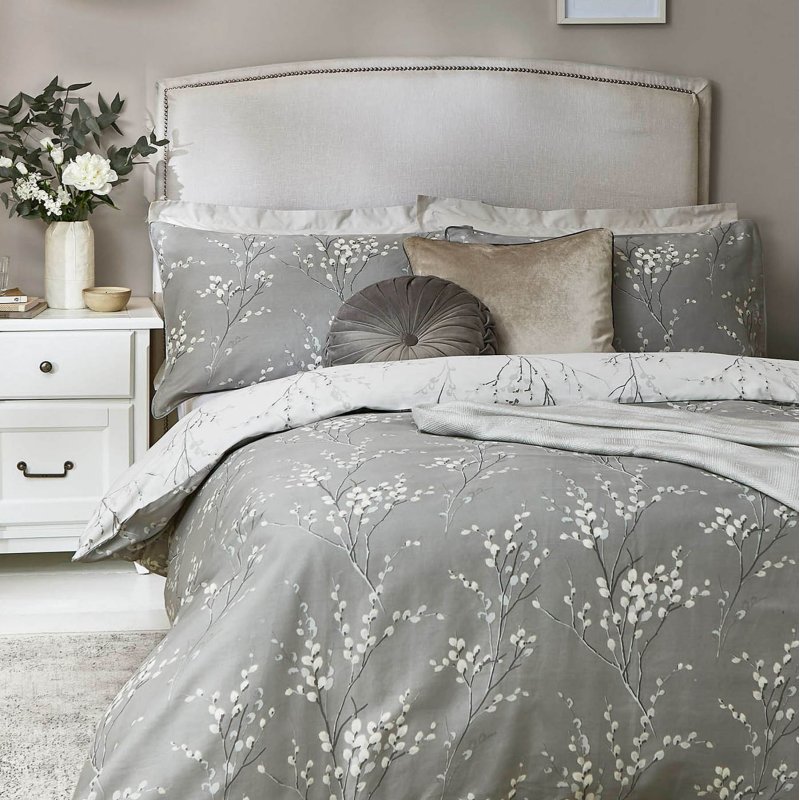 Laura Ashley Pussy Willow Steel Grey Duvet Cover Set lifestyle image of the bed