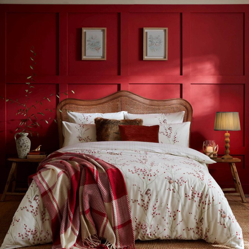 Laura Ashley Winter Pussy Willow Cranberry Red Duvet Cover Set lifestyle image of the bed