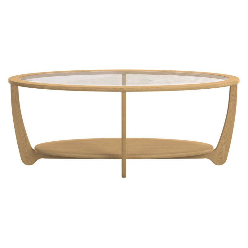 Warwick Oak Glass Oval Coffee Table front angle of the coffee table on a white background