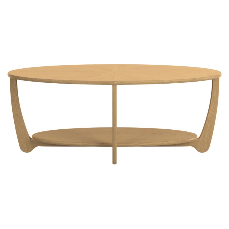 Warwick Oak Sunburst Oval Coffee Table side angle of the coffee table on a white background