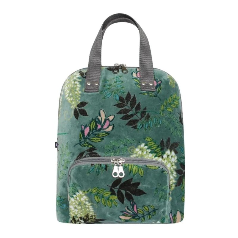 Earth Squared Jade Printed Velvet Alice Backpack image of the backpack on a white background