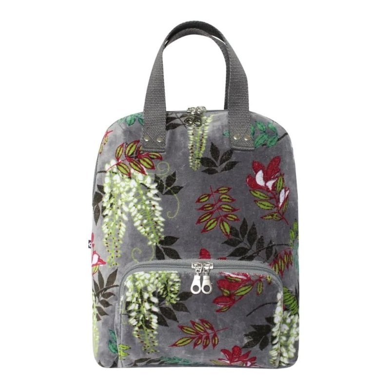 Earth Squared Grey Printed Velvet Alice Backpack image of the backpack on a white background