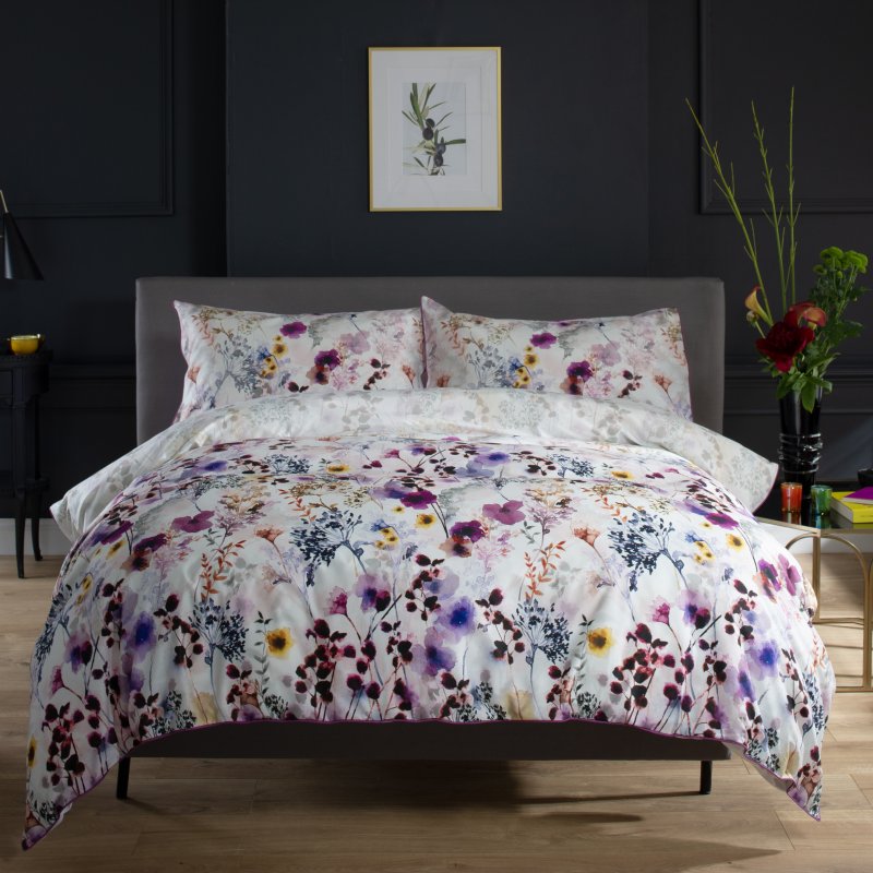 The Lyndon Company Watercolour Lavender Meadow Duvet Cover Set front on lifestyle image of the bedding