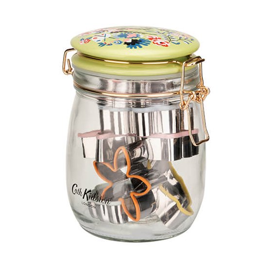 Cath Kidston Painted Table Glass Jar with 6 Piece Cookie Cutters image of the jar with cutters in on a white background