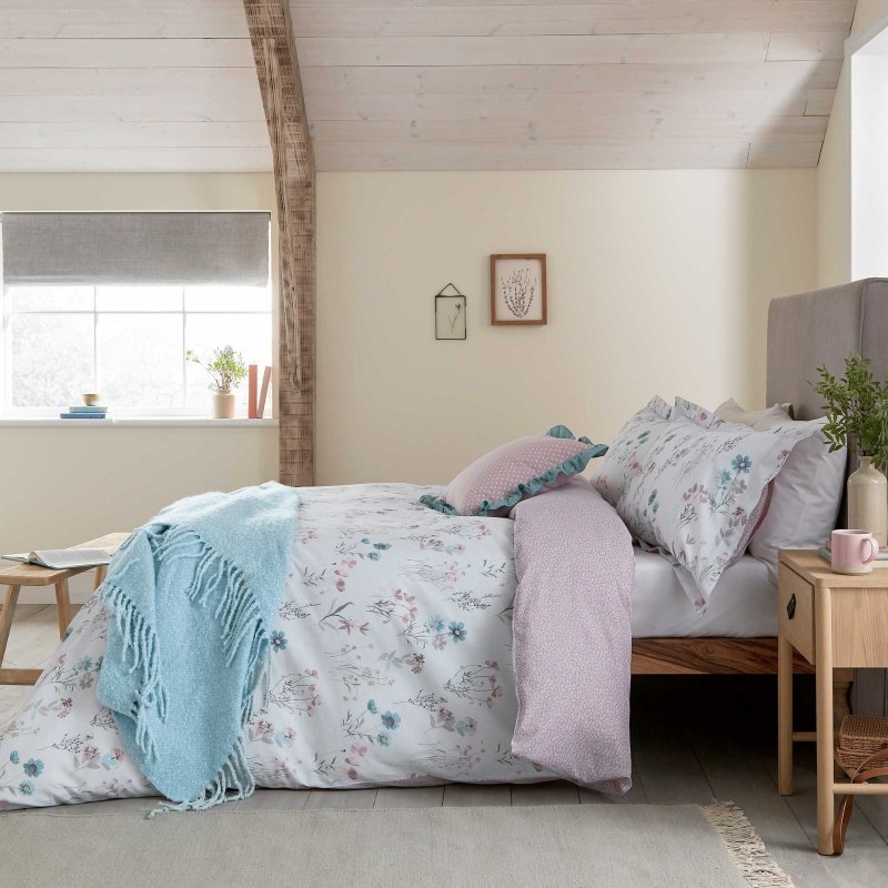 Helena Springfield Clairemont Duck Egg and Pink Duvet Cover Set side on lifestyle image of the duvet cover