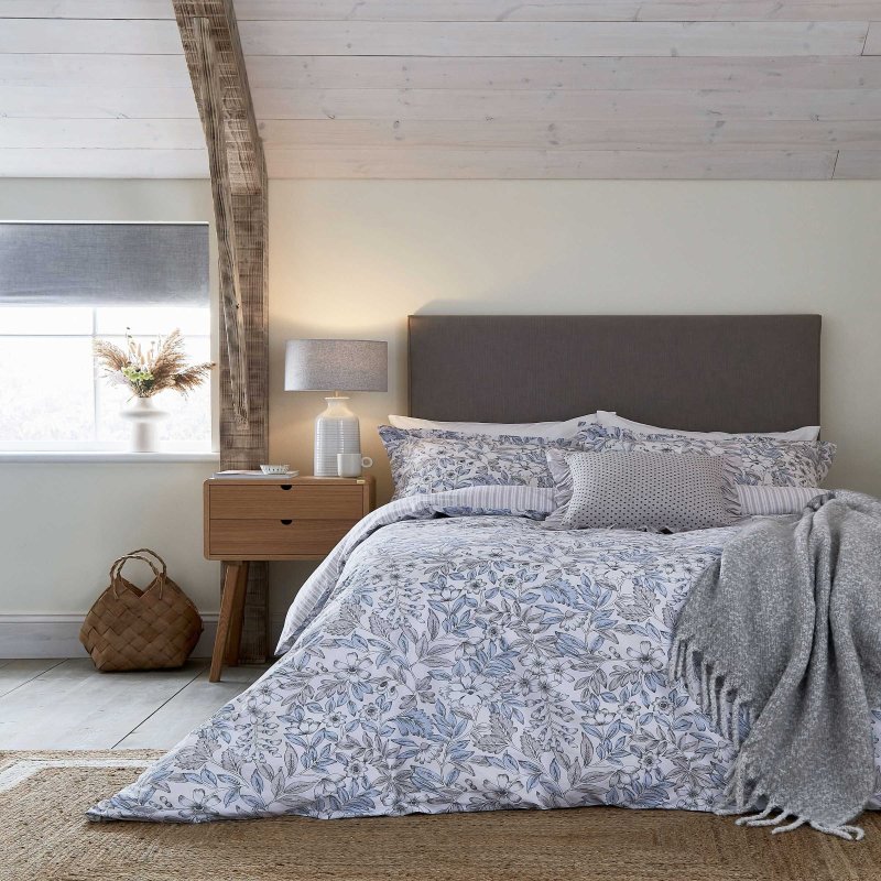 Helena Springfield Kemble Blue and Neutral Duvet Cover Set front on lifestyle image of the bedding