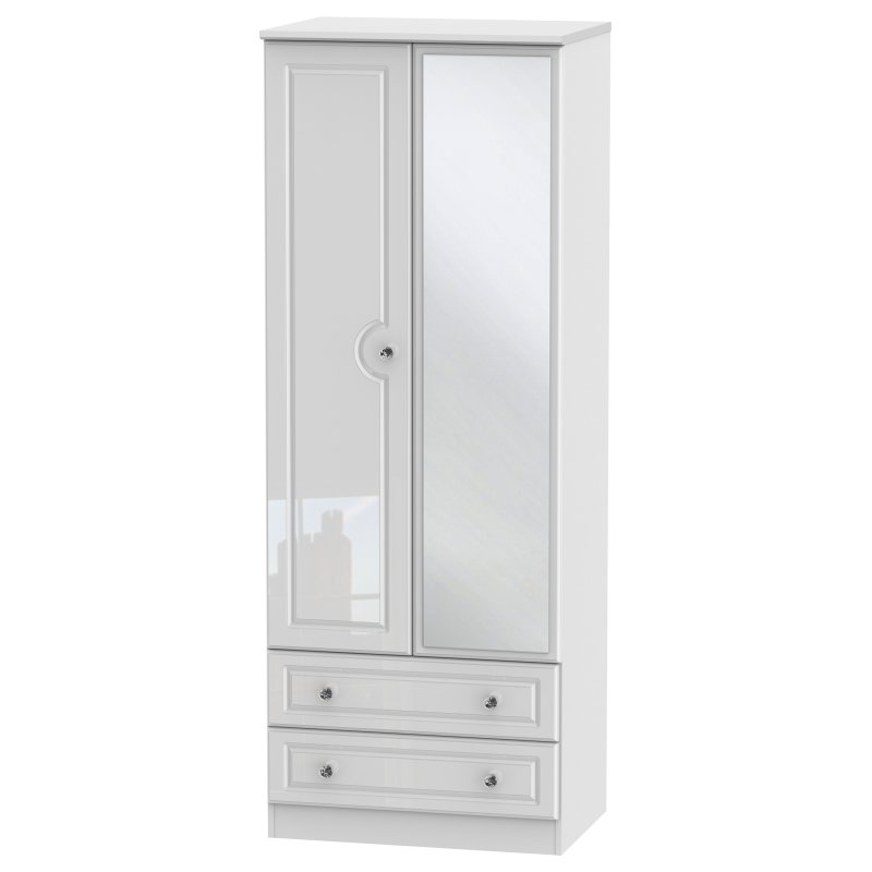 Edinbrugh Tall 2ft 6in 2 Drawer Mirrored Wardrobe White Gloss angled image of the wardrobe on a white background