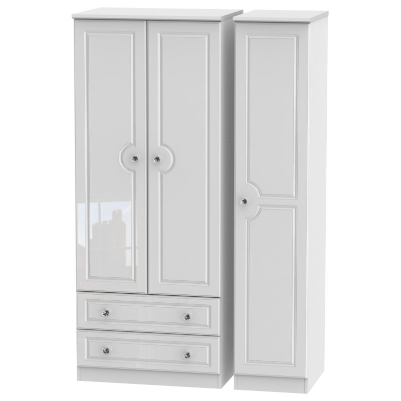 Edinbrugh Triple 2 Drawer Wardrobe White Gloss angled imaged of the wardrobe on a white background