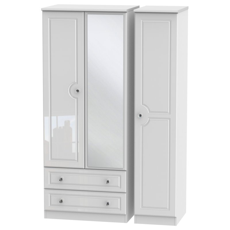 Edinbrugh Triple 2 Drawer Mirrored Wardrobe White Gloss angled image of the wardrobe on a white background