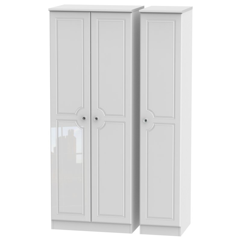 Edinbrugh Tall Triple Plain Wardrobe White Gloss angled image of the wardrobe on a white background